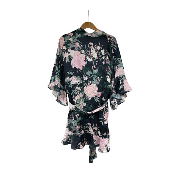 Victoria’s Secret Navy Blue Floral Satin Ruffle Sleeve Short Robe Lingerie M/L - Picture 5 of 7